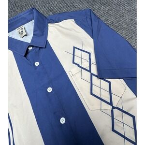 Hardaddy Shirt Mens Medium Blue Retro Striped Geometric Short‎ Sleeve Button Up